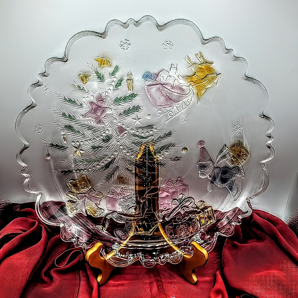 Share the Joy Christmas Glass Platter Santa Sleigh Teddy Bears 14" Caldor Vtg